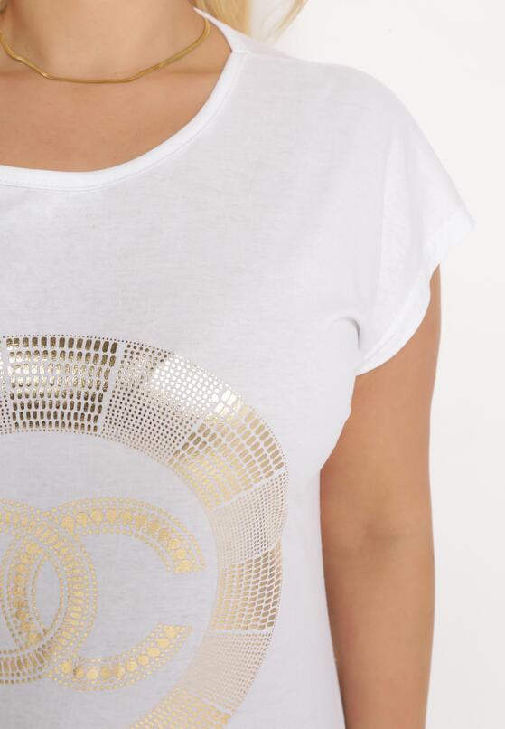 Biały Bawełniany T-shirt z Metalicznym Nadrukiem Lapur 5
