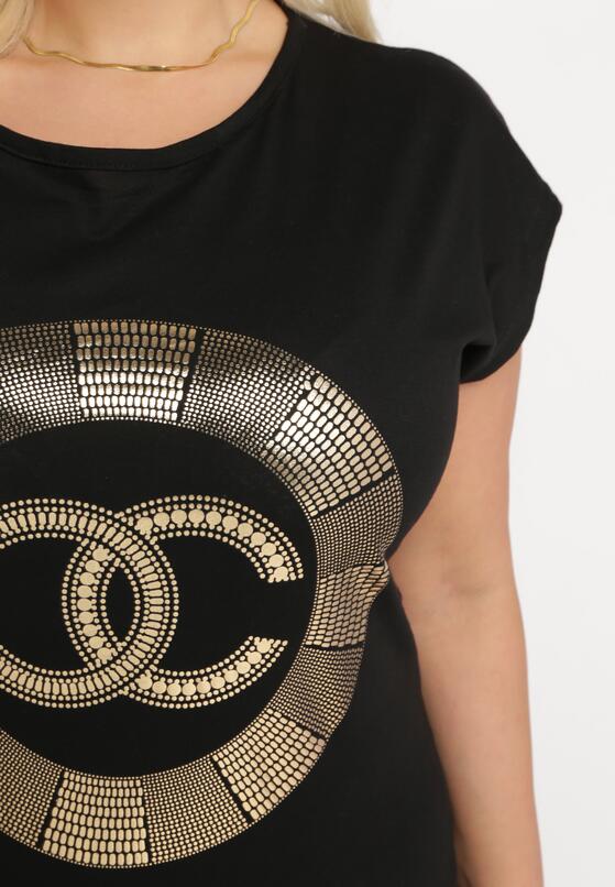 Czarny Bawełniany T-shirt z Metalicznym Nadrukiem Lapur 5