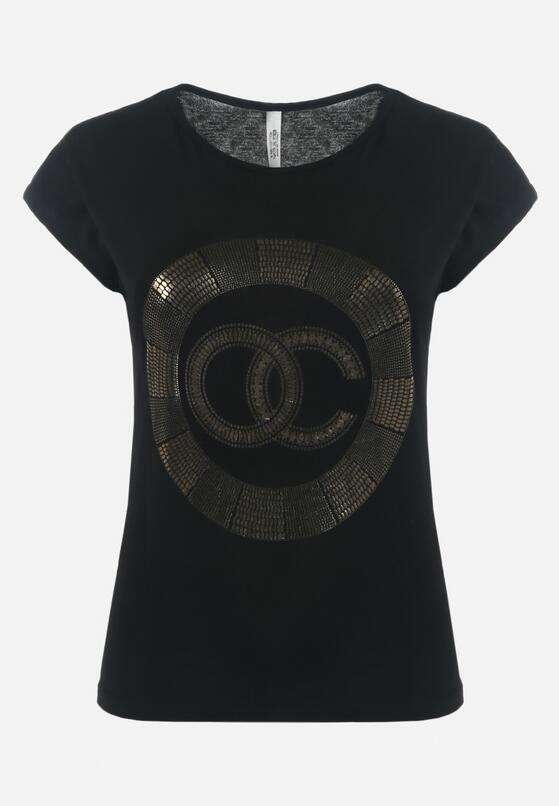 Czarny Bawełniany T-shirt z Metalicznym Nadrukiem Lapur 6