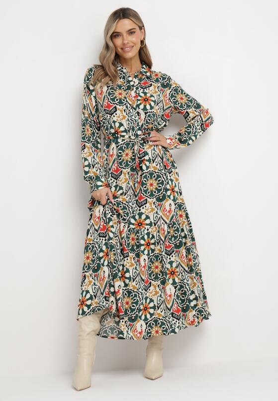 Ciemnozielona Rozkloszowana Sukienka Koszulowa z Wiskozy i Wiązanym Paskiem Banali 1