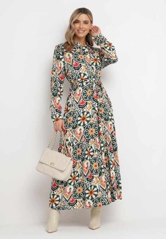 Ciemnozielona Rozkloszowana Sukienka Koszulowa z Wiskozy i Wiązanym Paskiem Banali 2