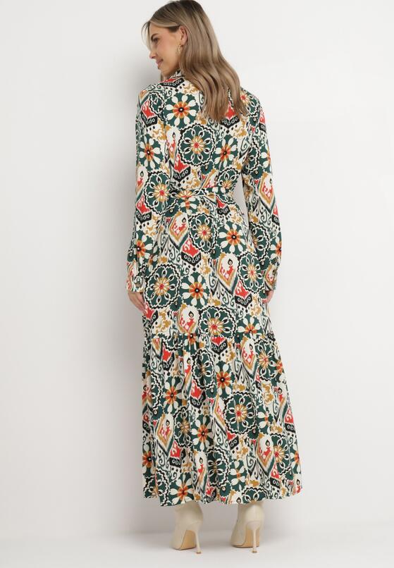 Ciemnozielona Rozkloszowana Sukienka Koszulowa z Wiskozy i Wiązanym Paskiem Banali 3