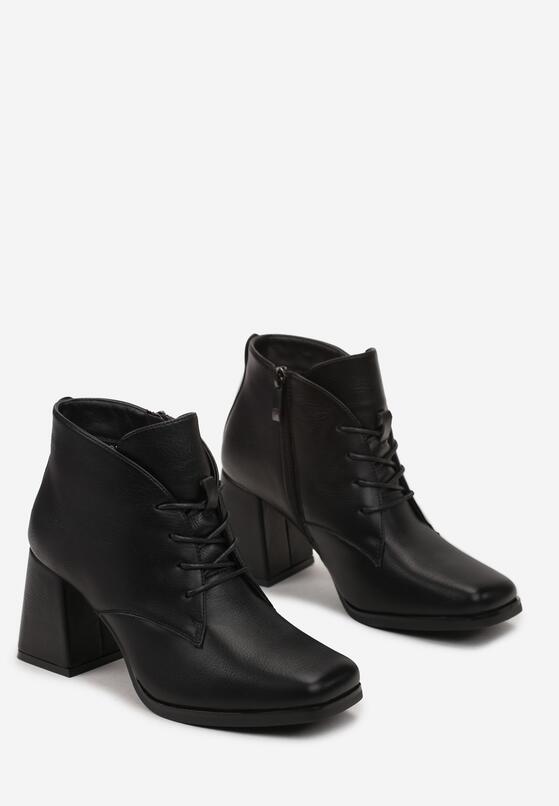 Czarne Sznurowane Botki na Słupkowym Obcasie z Kwadratowym Noskiem Odetania 4