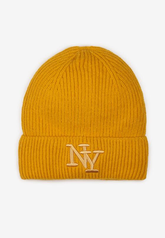 Żółta Dzianinowa Czapka Beanie z Haftem Adelheid 1