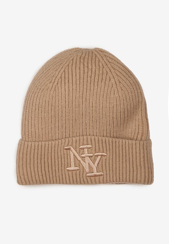 Ciemnobeżowa Dzianinowa Czapka Beanie z Haftem Adelheid 1