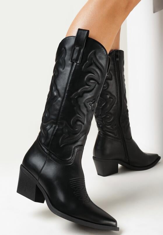 Czarne Kozaki Kowbojki z Przeszyciami i Szpiczastym Noskiem Taoi 2