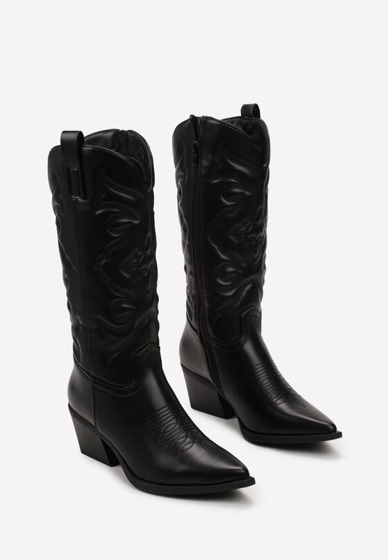 Czarne Kozaki Kowbojki z Przeszyciami i Szpiczastym Noskiem Taoi 4