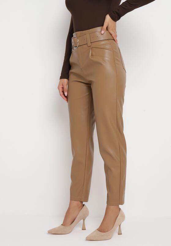 Beżowe Spodnie i Pasek z Klamrą z Ekoskóry Ambrin 2