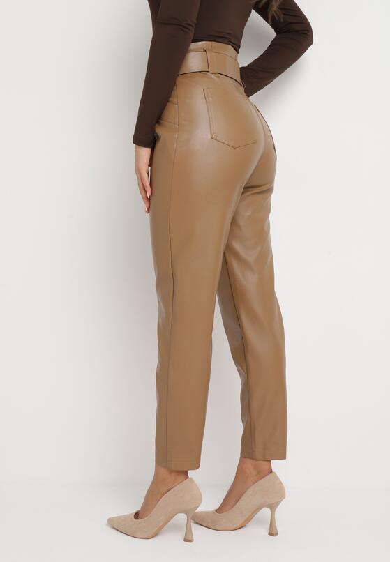 Beżowe Spodnie i Pasek z Klamrą z Ekoskóry Ambrin 3