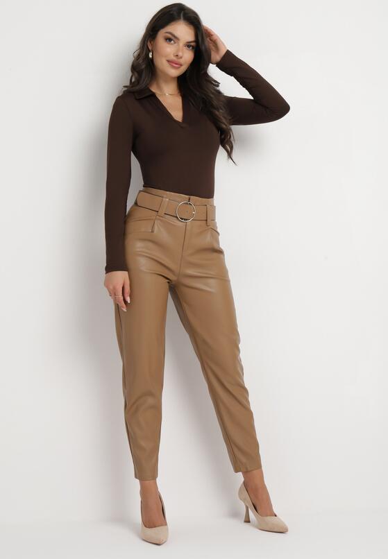 Beżowe Spodnie i Pasek z Klamrą z Ekoskóry Ambrin 4