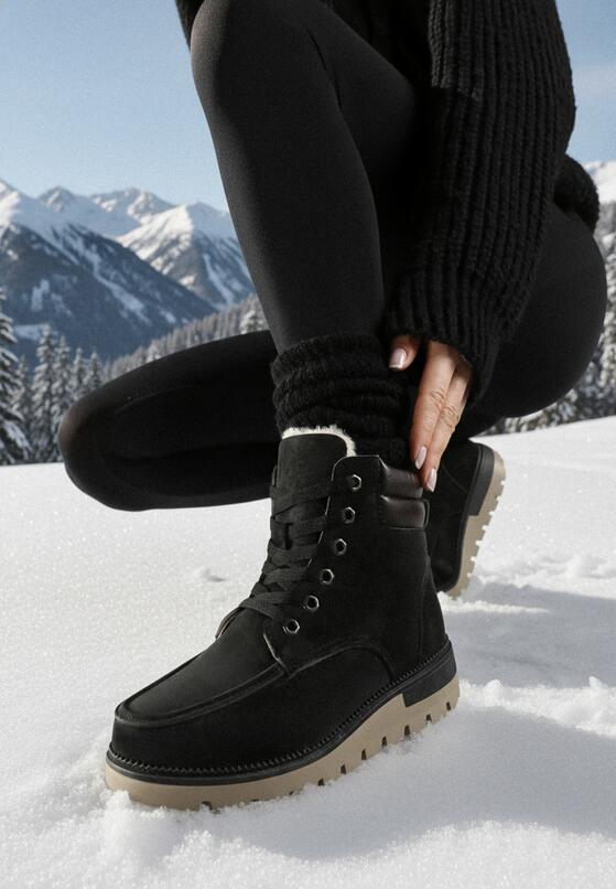 Czarne Mocno Ocieplone Botki Traperki ze Sznurowaniem Carlalla 1