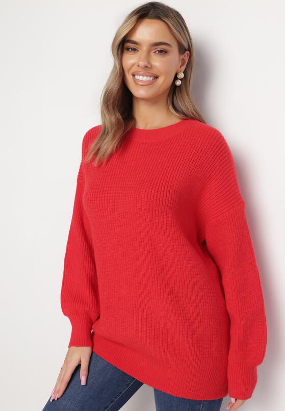Czerwony Sweter Oversize z Okrągłym Dekoltem Ravo 2