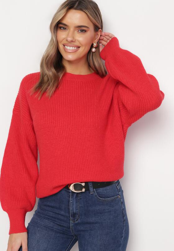 Czerwony Sweter Oversize z Okrągłym Dekoltem Ravo 4