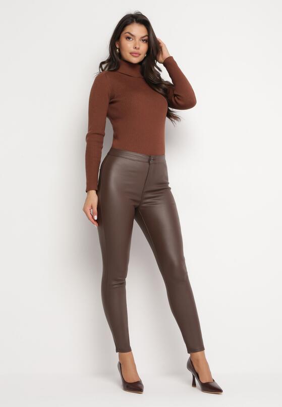 Brązowe Spodnie Skinny z Imitacji Skóry Stana 4