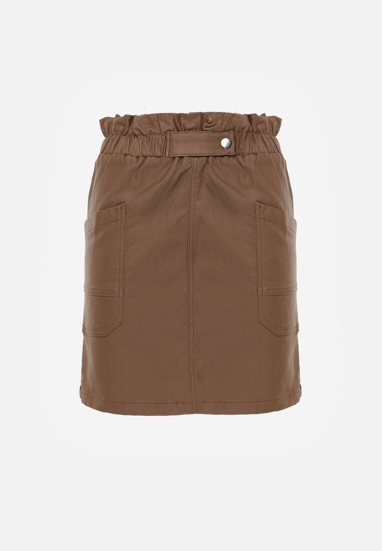 Brązowa Spódnica Mini z Ekoskóry z Gumką w Pasie i Kieszeniami Kirti 6