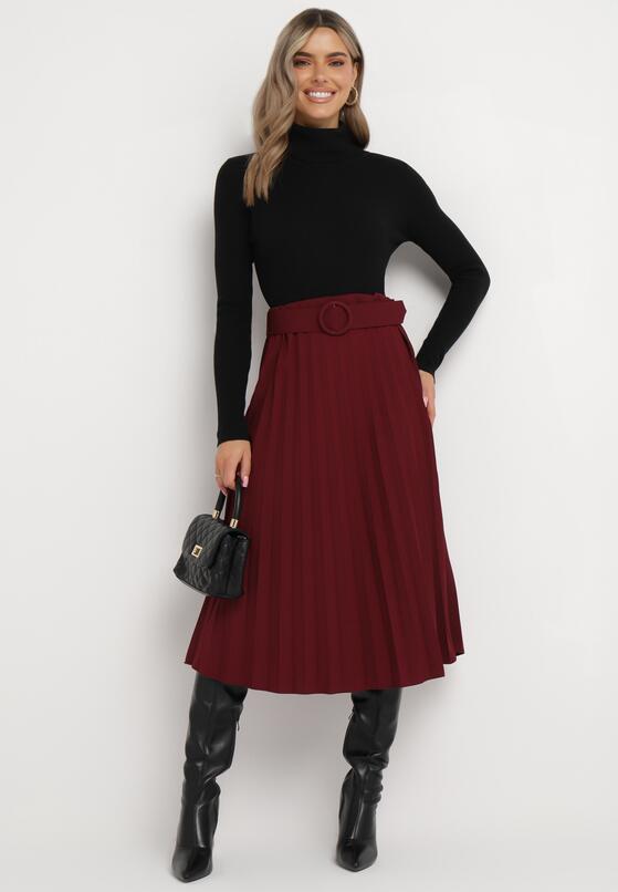 Bordowa Spódnica Midi Plisowana z Dopasowanym Paskiem w Komplecie Purnota 2