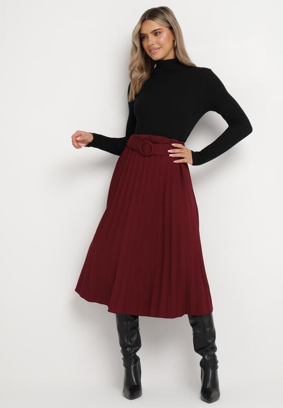 Bordowa Spódnica Midi Plisowana z Dopasowanym Paskiem w Komplecie Purnota 4