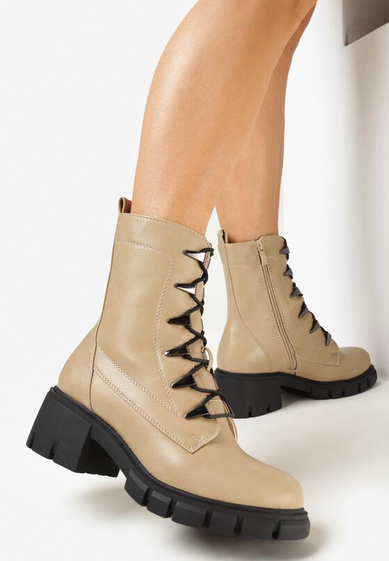 Ciemnobeżowe Sznurowane Botki w Stylu Traperów na Słupkowym Obcasie Blonosa 2