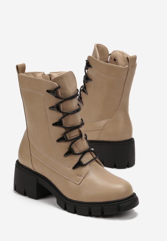 Ciemnobeżowe Sznurowane Botki w Stylu Traperów na Słupkowym Obcasie Blonosa 4