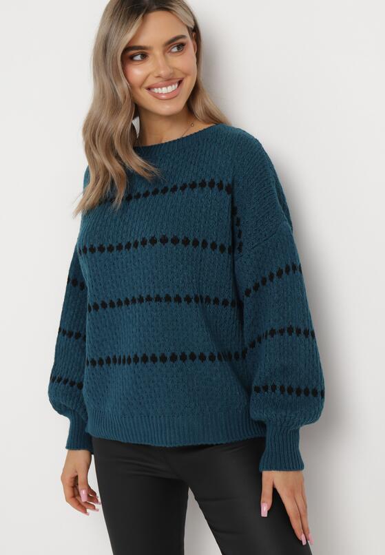 Granatowy Sweter z Bufiastymi Rękawami Ozdobiony Cienkimi Paskami Bilentia 2