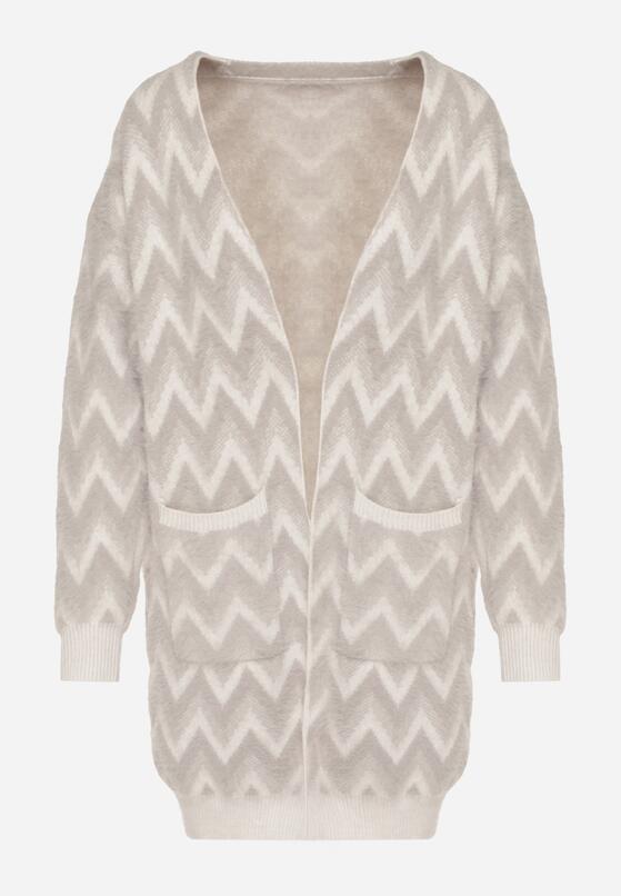 Szary Niezapinany Kardigan Przed Kolano w Paski Chevron Afesura 6