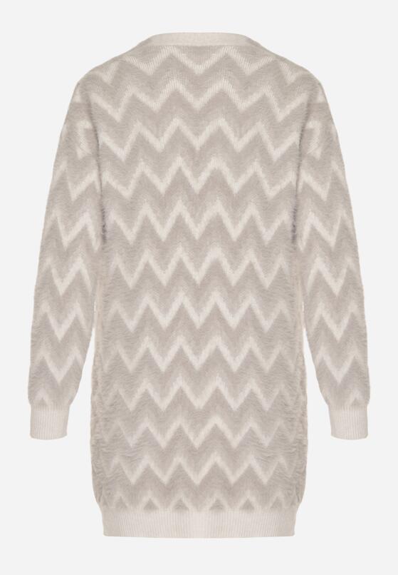 Szary Niezapinany Kardigan Przed Kolano w Paski Chevron Afesura 7