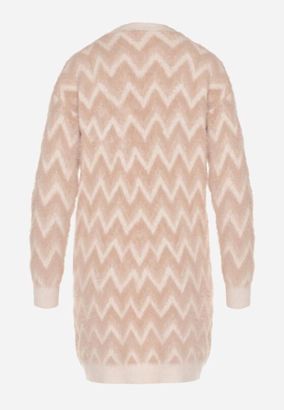 Różowy Niezapinany Kardigan Przed Kolano w Paski Chevron Afesura 7