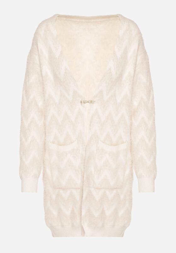 Jasnobeżowy Niezapinany Kardigan Przed Kolano w Paski Chevron Afesura 6