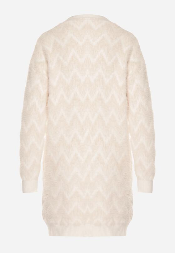 Jasnobeżowy Niezapinany Kardigan Przed Kolano w Paski Chevron Afesura 7