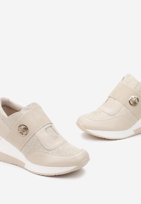 Beżowe Sneakersy na Koturnie z Brokatem Chykelli 5