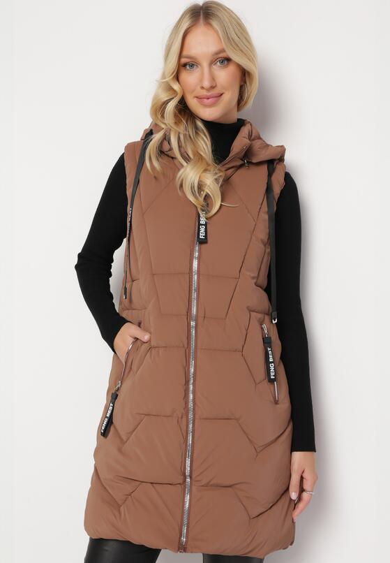 Brązowa Kamizelka o Wydłużonym Fasonie z Pikowaniem i Odpinanym Kapturem  Berovia 4
