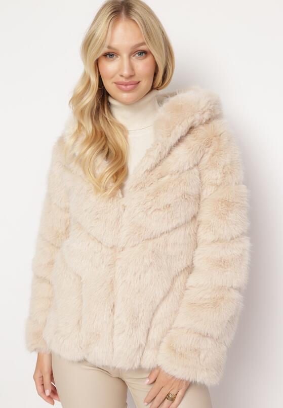 Beżowa Futrzana Kurtka z Kapturem Daviella 4
