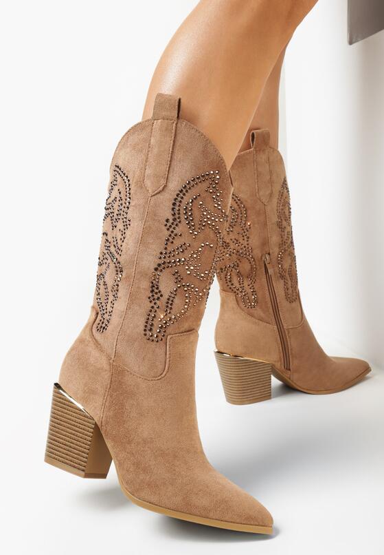 Brązowe Botki Kowbojki na Słupku w Ozdobne Cyrkonie Anbessa 2