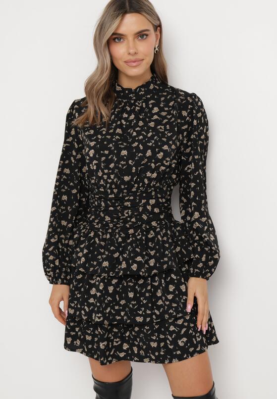 Czarna Rozkloszowana Sukienka Mini w Kwiaty z Falbanką Eibanti 1
