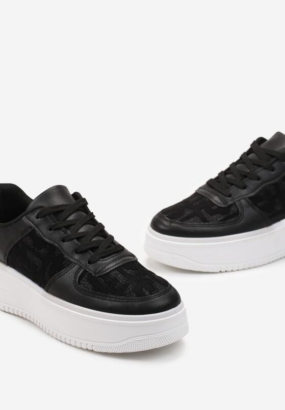 Czarne Sznurowane Sneakersy na Grubej Podeszwie z Brokatowym Zdobieniem Samuellis 5