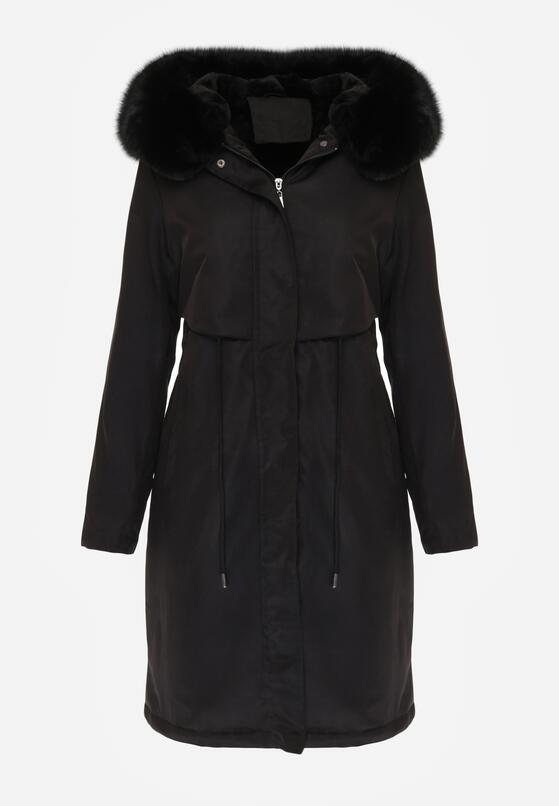 Czarna Kurtka za Kolano ze Ściągaczem i Kapturem z Futerkiem Adoresa 6