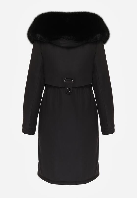 Czarna Kurtka za Kolano ze Ściągaczem i Kapturem z Futerkiem Adoresa 7