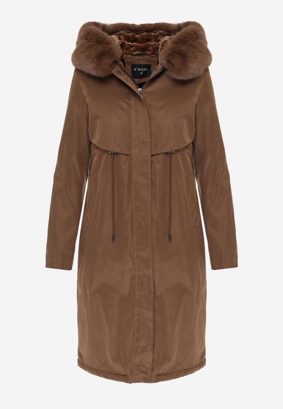 Brązowa Kurtka za Kolano ze Ściągaczem i Kapturem z Futerkiem Adoresa 6