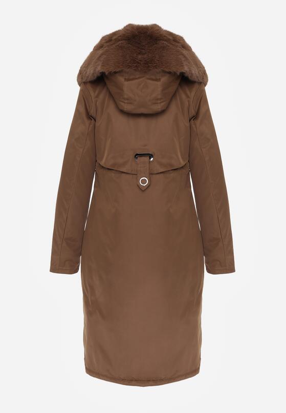 Brązowa Kurtka za Kolano ze Ściągaczem i Kapturem z Futerkiem Adoresa 7