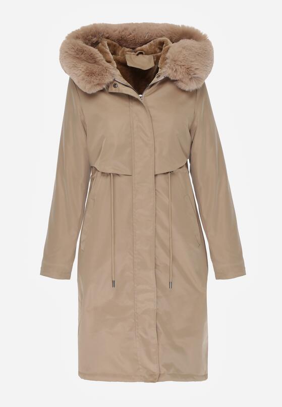 Beżowa Kurtka za Kolano ze Ściągaczem i Kapturem z Futerkiem Adoresa 6