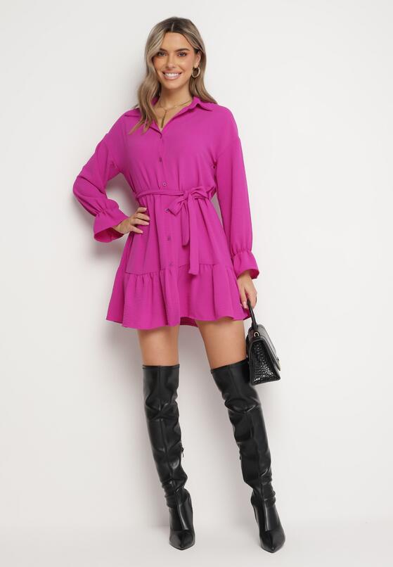 Fuksjowa Koszulowa Sukienka z Wiązanym Paskiem Stevania 2