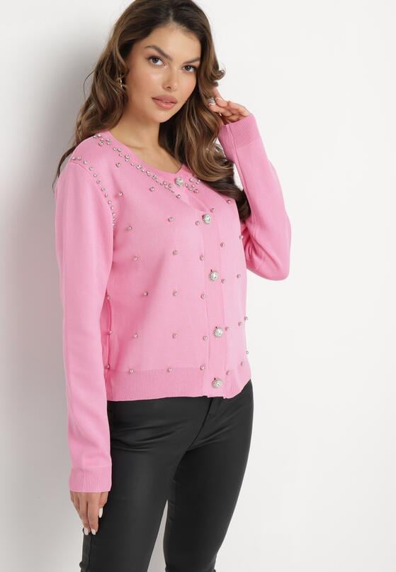 Różowy Wiskozowy Sweter Kardigan z Ozdobnymi Guzikami Cyrkoniami i Metalicznymi Koralikami Leopoldi 2