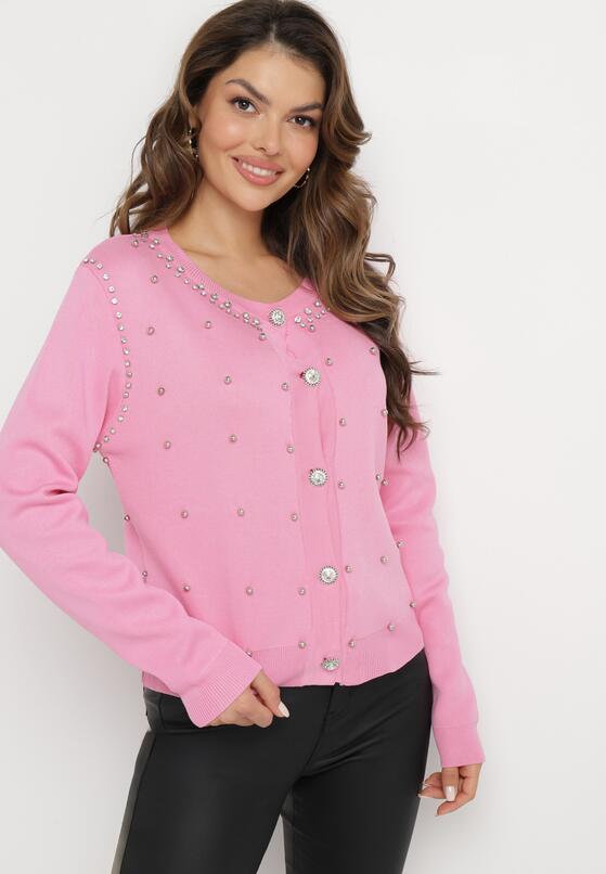 Różowy Wiskozowy Sweter Kardigan z Ozdobnymi Guzikami Cyrkoniami i Metalicznymi Koralikami Leopoldi 4