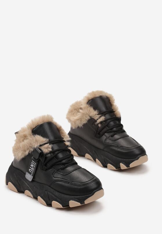 Czarne Ocieplane Sznurowane Sneakersy na Grubej Podeszwie z Ozdobnym Futerkiem Visha 5