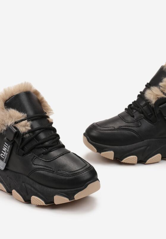 Czarne Ocieplane Sznurowane Sneakersy na Grubej Podeszwie z Ozdobnym Futerkiem Visha 6