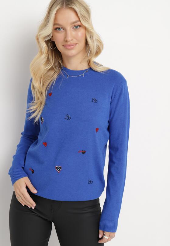 Niebieski Sweter z Kaszmirem i Naszywkami w Serca Juviena