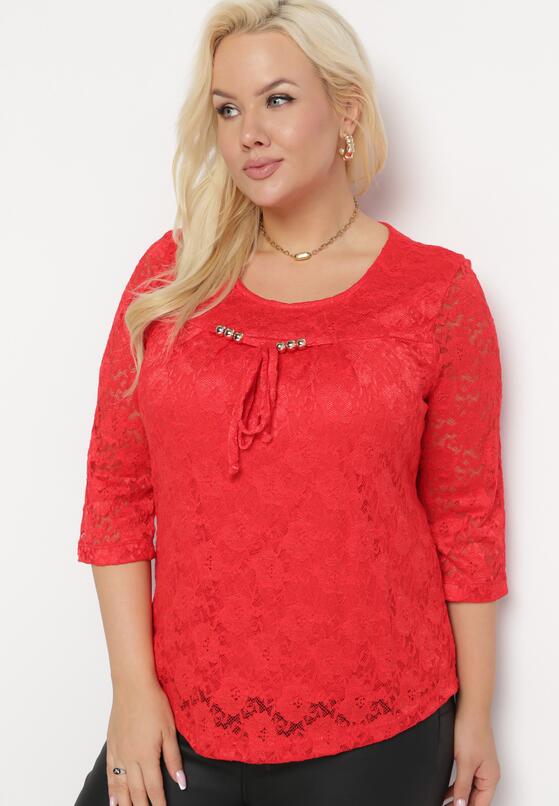 Czerwona Bluzka z Koronkowej Tkaniny z Ozdobnymi Koralikami Anare 1