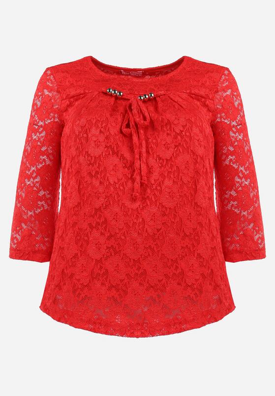 Czerwona Bluzka z Koronkowej Tkaniny z Ozdobnymi Koralikami Anare 6