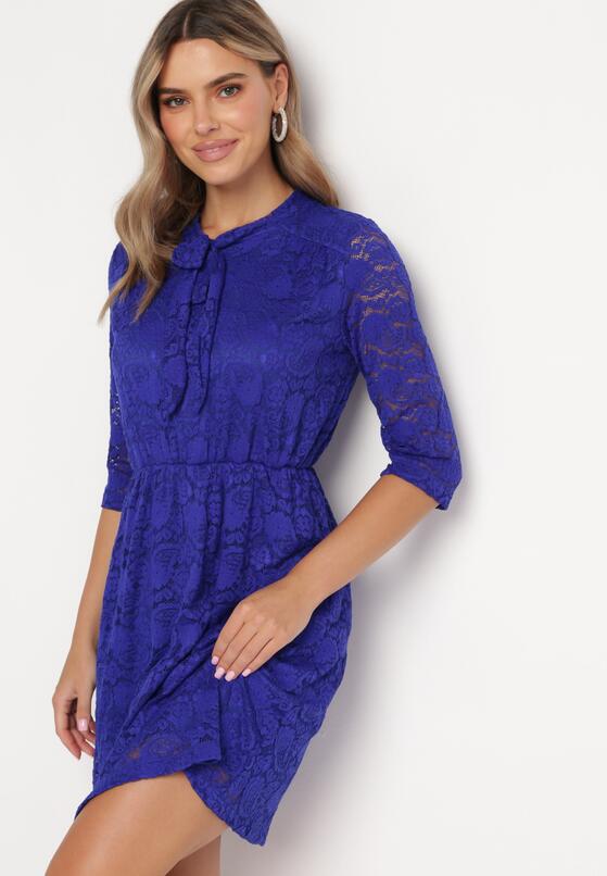 Granatowa Koronkowa Sukienka Mini z Gumką w Pasie Eloriinya 4
