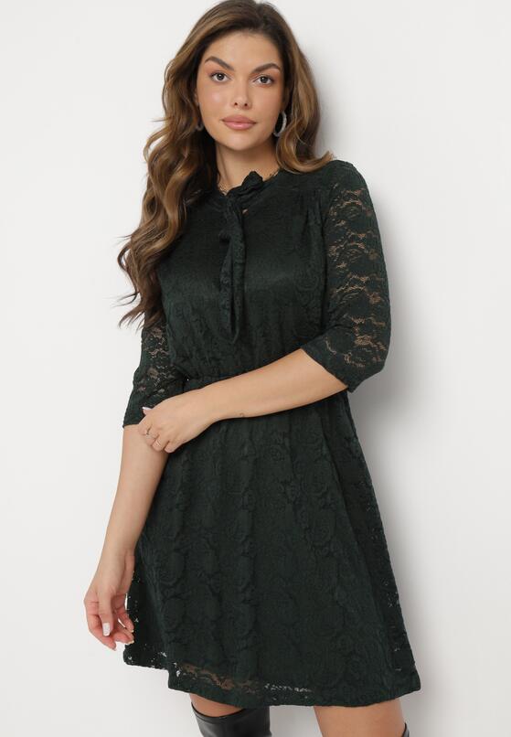 Ciemnozielona Koronkowa Sukienka Mini z Gumką w Pasie Eloriinya 4